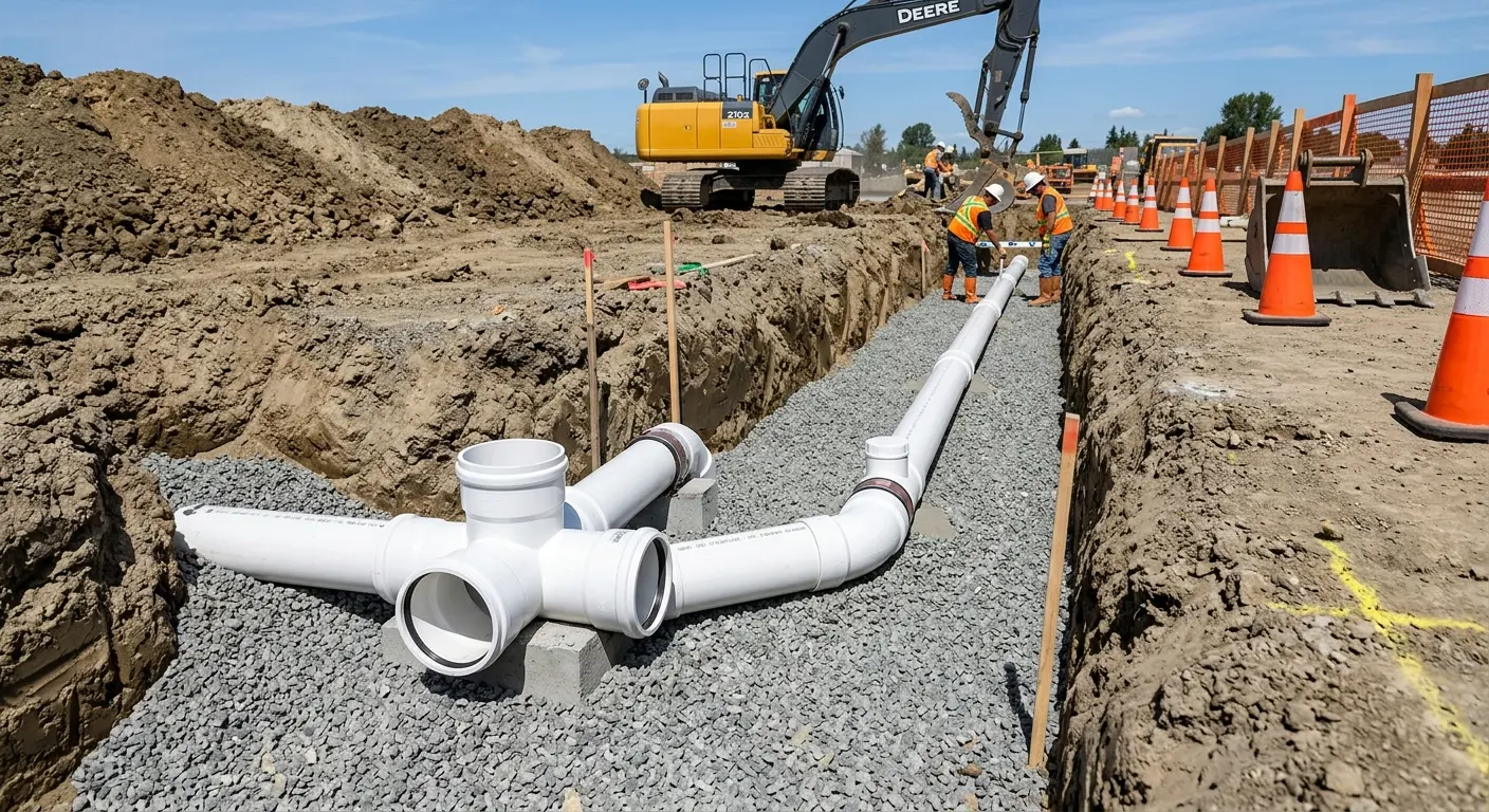 New PVC sewer pipe installation in open trench for Sewer Backup in Eufaula