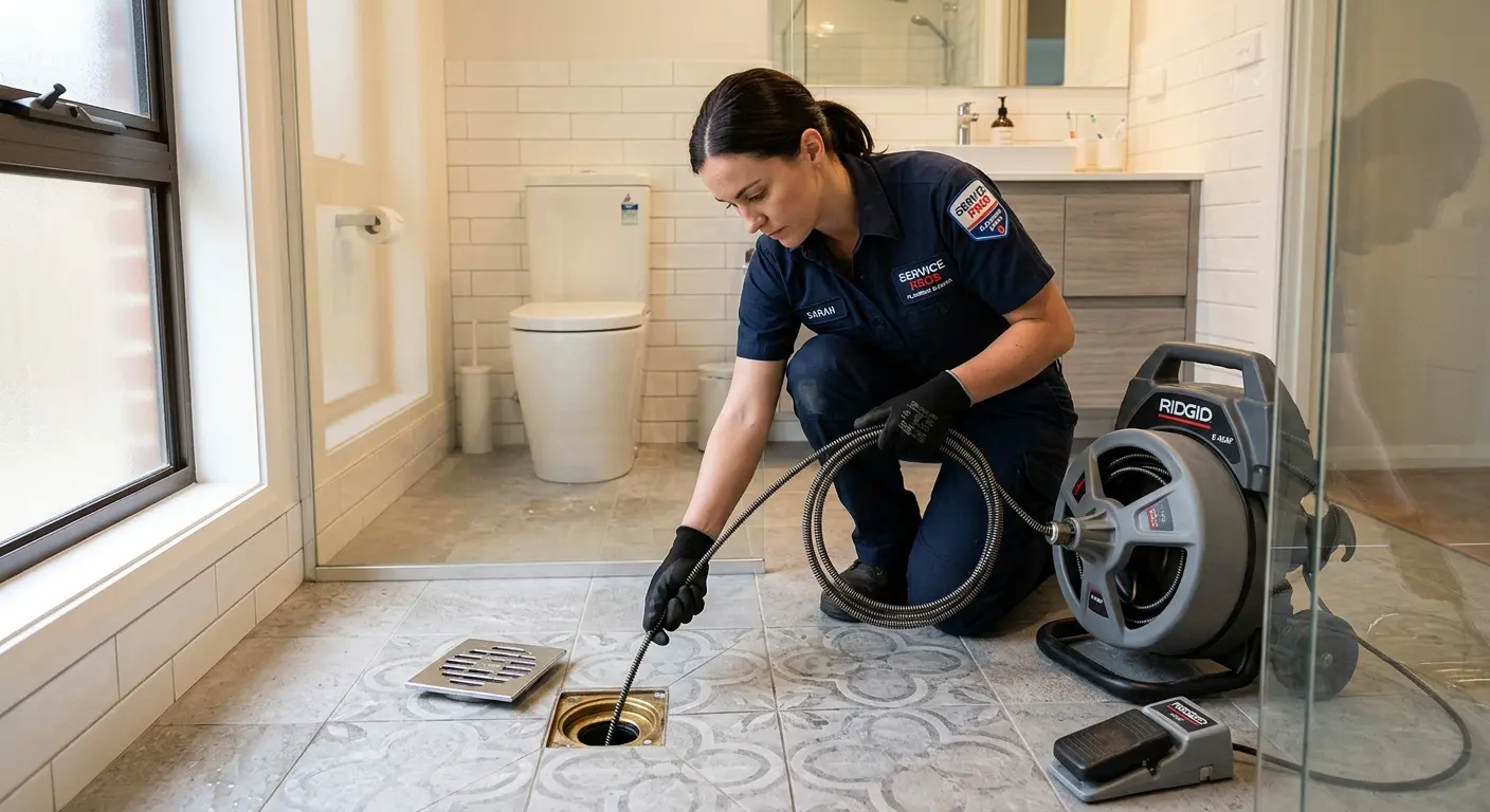 Technician clearing a bathroom floor drain for Drain Cleaning in Eufaula